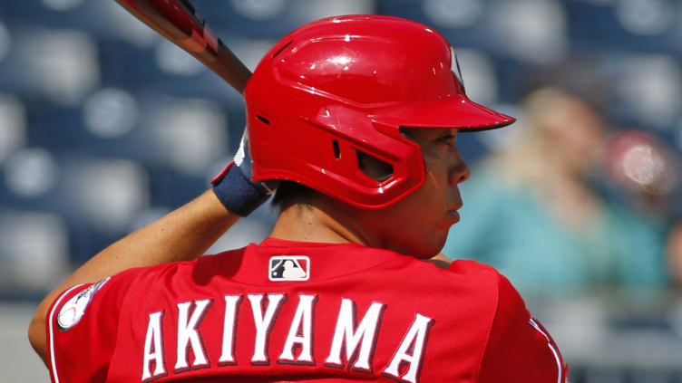 Cincinnati Reds outfielder Shogo Akiyama readies in the batters' box.