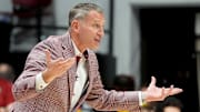 Nov 13, 2025; Tuscaloosa, Alabama, USA; Alabama head coach Nate Oats lobbies a ref for a call during the game with Purdue at Coleman Coliseum. Mandatory Credit: Gary Cosby Jr.-Tuscaloosa News