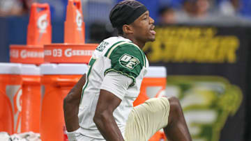 DeSoto's Ethan Feaster warms up after halftime during Friday's game at the Alamodome on Sept. 13, 2024, in San Antonio, Texas.