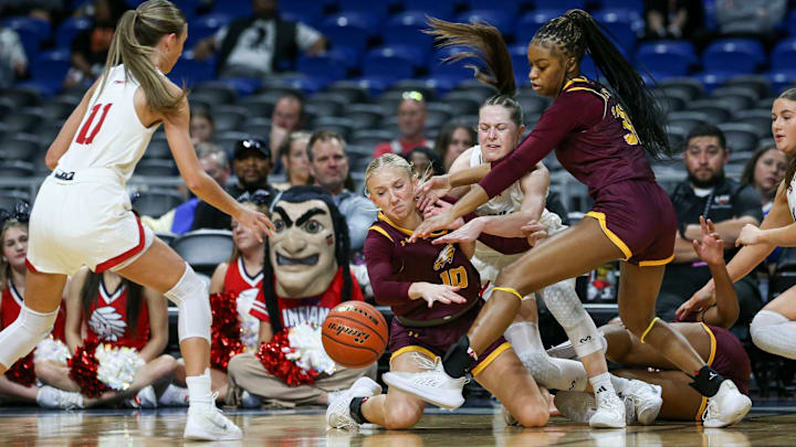 Jim Ned and Fairfield battle for a loose ball during the Class 3A Division I state championship girls basketball game on Friday, February. 28, 2025, at the Alamodome in San Antonio.
