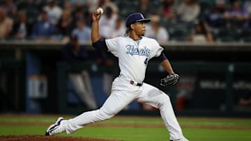 Hooks pitcher Miguel Ullola throws a pitch on Opening Night at Whataburger Field on Friday, April 5, 2024, in Corpus Christi, Texas.