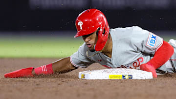 Philadelphia Phillies center fielder Johan Rojas (23) steals second base against the Tampa Bay Rays in the sixth inning at George M. Steinbrenner Field.