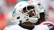 Sep 14, 2025; Miami Gardens, Florida, USA; Miami Dolphins linebacker Jordyn Brooks (20) reacts after play against the New England Patriots in the fourth quarter at Hard Rock Stadium. Mandatory Credit: Nathan Ray Seebeck-Imagn Images