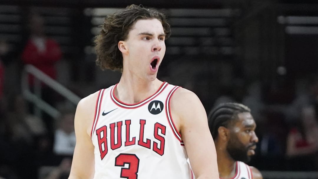 Oct 30, 2024; Chicago, Illinois, USA; Chicago Bulls guard Josh Giddey (3) reacts after making a three point basket against the Orlando Magic during the second half at United Center. Mandatory Credit: David Banks-Imagn Images