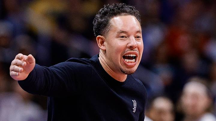Nov 28, 2025; Denver, Colorado, USA; San Antonio Spurs head coach Mitch Johnson in the first quarter against the Denver Nuggets at Ball Arena. Mandatory Credit: Isaiah J. Downing-Imagn Images