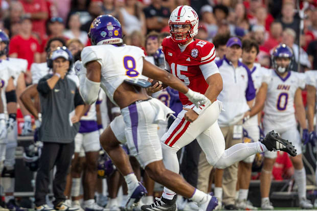 Nebraska quarterback Dylan Raiola scrambles for 15 yards against Northern Iowa.