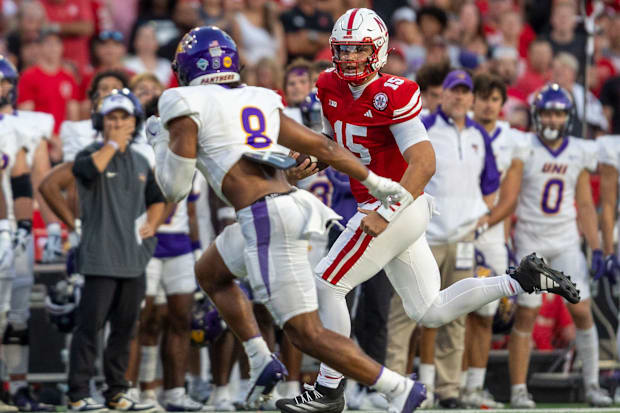 Nebraska quarterback Dylan Raiola scrambles for 15 yards against Northern Iowa.