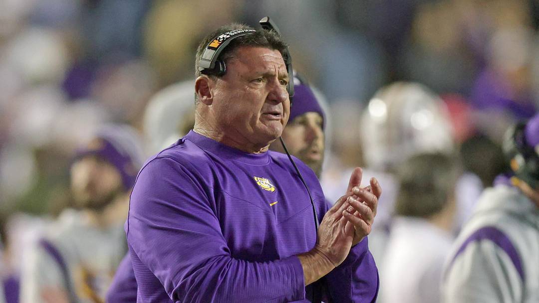 Nov 27, 2021; Baton Rouge, Louisiana, USA;  LSU Tigers head coach Ed Orgeron looks on during the second half against the Texas A&M Aggies at Tiger Stadium. Mandatory Credit: Stephen Lew-Imagn Images