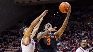Dec 3, 2024; Bloomington, Indiana, USA; Sam Houston State Bearkats guard Lamar Wilkerson (3) shoots the ball while Indiana Hoosiers guard Anthony Leal (3) defends in the second half at Simon Skjodt Assembly Hall. Mandatory Credit: Trevor Ruszkowski-Imagn Images