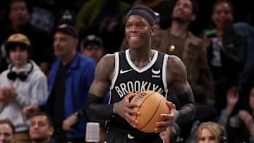 Apr 10, 2024; Brooklyn, New York, USA; Brooklyn Nets guard Dennis Schroder (17) holds the ball during the fourth quarter against the Toronto Raptors at Barclays Center. Mandatory Credit: Brad Penner-Imagn Images