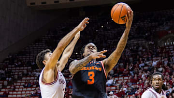Dec 3, 2024; Bloomington, Indiana, USA; Sam Houston State Bearkats guard Lamar Wilkerson (3) shoots the ball while Indiana Hoosiers guard Anthony Leal (3) defends in the second half at Simon Skjodt Assembly Hall. Mandatory Credit: Trevor Ruszkowski-Imagn Images