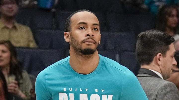 Feb 10, 2024; Charlotte, North Carolina, USA; Charlotte Hornets guard Amari Bailey (10) during warm ups before the first quarter against the Memphis Grizzlies at Spectrum Center. Mandatory Credit: Jim Dedmon-USA TODAY Sports