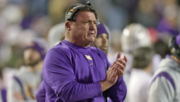 Nov 27, 2021; Baton Rouge, Louisiana, USA;  LSU Tigers head coach Ed Orgeron looks on during the second half against the Texas A&M Aggies at Tiger Stadium. Mandatory Credit: Stephen Lew-Imagn Images