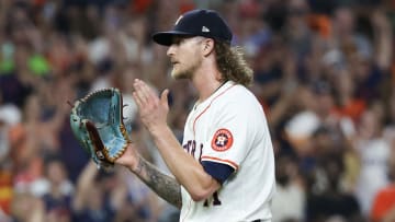 Jul 11, 2024; Houston, Texas, USA; Houston Astros relief pitcher Josh Hader (71) celebrates the win against the Miami Marlins in at Minute Maid Park.  Sports