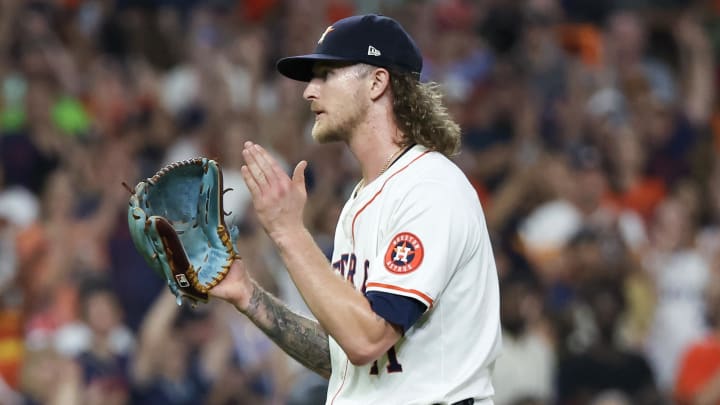 Jul 11, 2024; Houston, Texas, USA; Houston Astros relief pitcher Josh Hader celebrates another win.