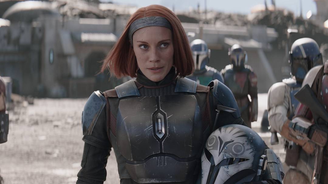 (Center): Bo-Katan Kryze (Katee Sackhoff) with Covert Mandalorians in Lucasfilm's THE MANDALORIAN, season three, exclusively on Disney+. 