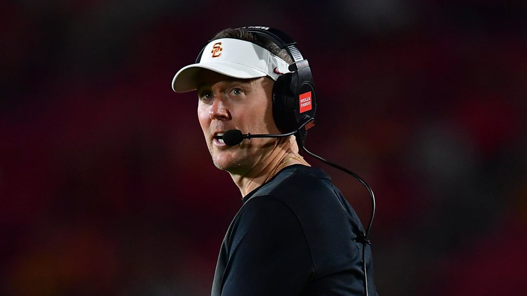 Sep 20, 2025; Los Angeles, California, USA; Southern California Trojans head coach Lincoln Riley watches game action against the Michigan State Spartans during the second half at the Los Angeles Memorial Coliseum. Mandatory Credit: Gary A. Vasquez-Imagn Images