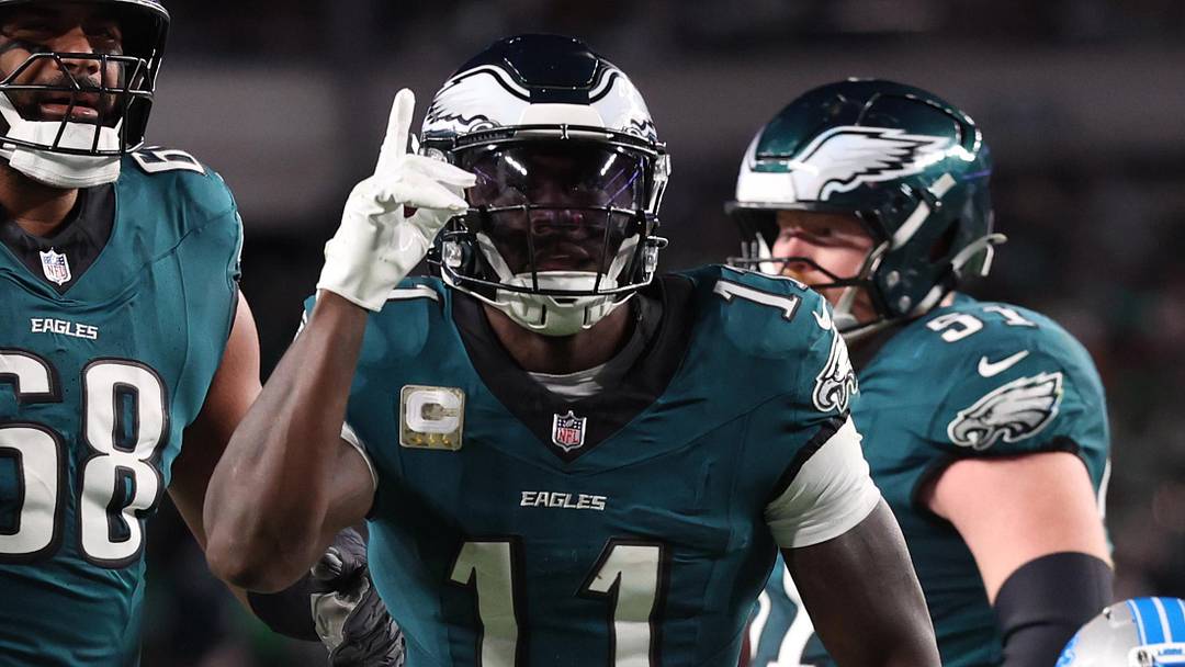 Nov 16, 2025; Philadelphia, Pennsylvania, USA; Philadelphia Eagles wide receiver A.J. Brown (11) reacts against the Detroit Lions during the first half at Lincoln Financial Field. Mandatory Credit: Bill Streicher-Imagn Images