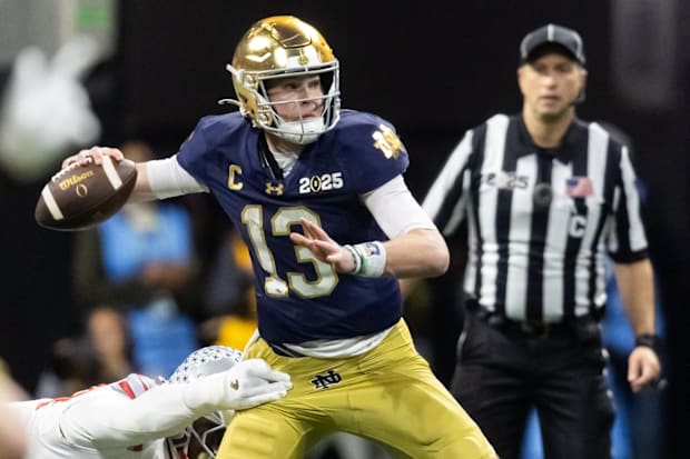 Notre Dame Fighting Irish quarterback Riley Leonard (13) against the Ohio State Buckeyes.