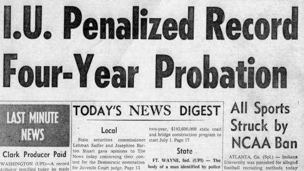 A headline from the April 27, 1960 Indianapolis News. The sanctions Indiana athletics received due to football recruiting vio