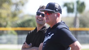 Tigers president of baseball operations Scott Harris and manager A.J. Hinch talk during spring training on Friday, Feb. 17, 2023, in Lakeland, Florida.

Tigers5 021723 Kd2434