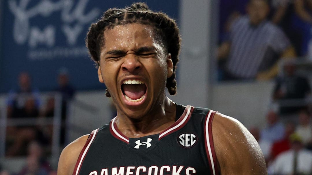 Nov 27, 2024; Fort Myers, Florida, USA; South Carolina Gamecocks forward Collin Murray-Boyles (30) reacts after dunking the ball against the Virginia Tech Hokies in the second half at Suncoast Credit Union Arena. Mandatory Credit: Nathan Ray Seebeck-Imagn Images