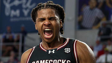 Nov 27, 2024; Fort Myers, Florida, USA; South Carolina Gamecocks forward Collin Murray-Boyles (30) reacts after dunking the ball against the Virginia Tech Hokies in the second half at Suncoast Credit Union Arena. Mandatory Credit: Nathan Ray Seebeck-Imagn Images