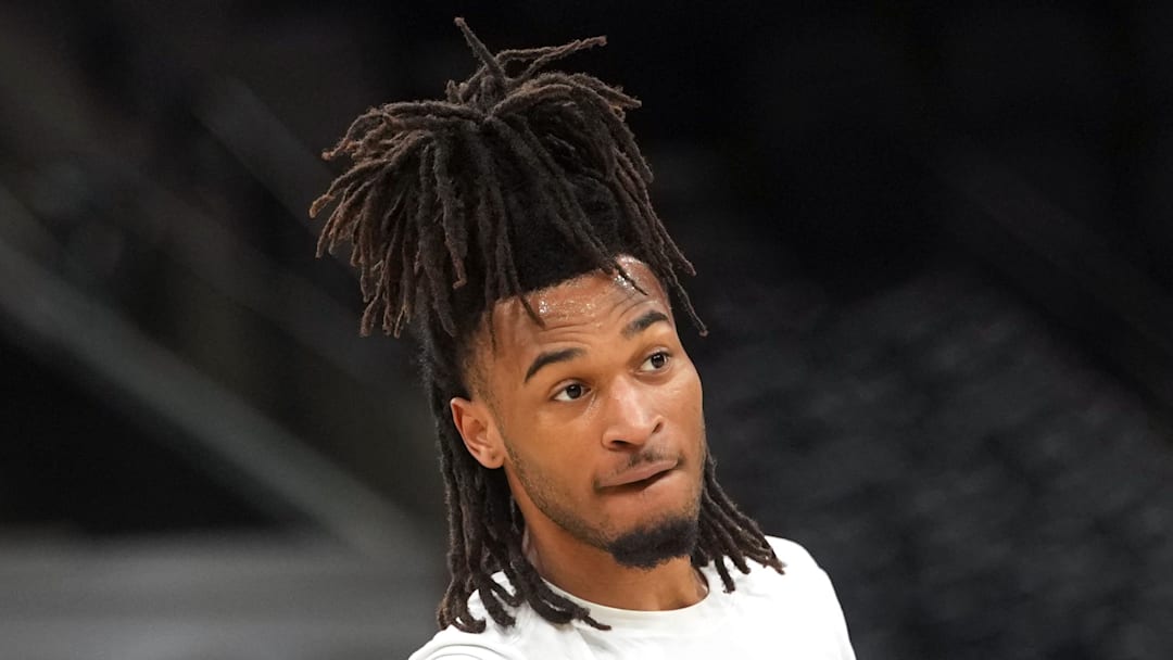 Mar 5, 2026; San Antonio, Texas, USA; San Antonio Spurs guard Stephon Castle (5) warms up before the game against the Detroit Pistons at Frost Bank Center. Mandatory Credit: Scott Wachter-Imagn Images