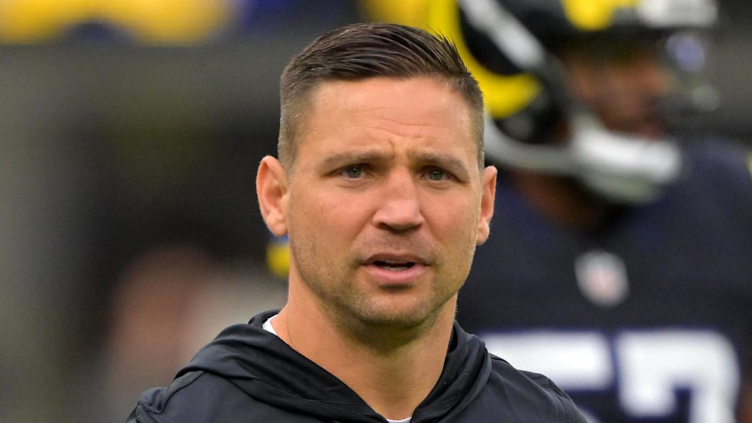 Nov 16, 2025; Inglewood, California, USA;  Los Angeles Rams defensive coordinator Chris Shula on the field prior to the game against the Seattle Seahawks at SoFi Stadium. Mandatory Credit: Jayne Kamin-Oncea-Imagn Images