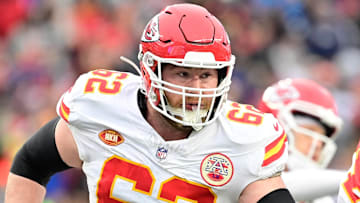 Dec 17, 2023; Foxborough, Massachusetts, USA; Kansas City Chiefs guard Joe Thuney (62)  in action during the first half against the New England Patriots at Gillette Stadium. Mandatory Credit: Eric Canha-Imagn Images