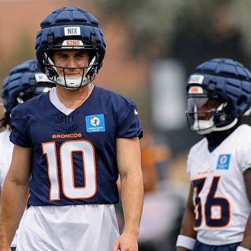 Jul 26, 2024; Englewood, CO, USA; Denver Broncos quarterback Bo Nix (10) during training camp at Broncos Park Powered by CommonSpirit. 