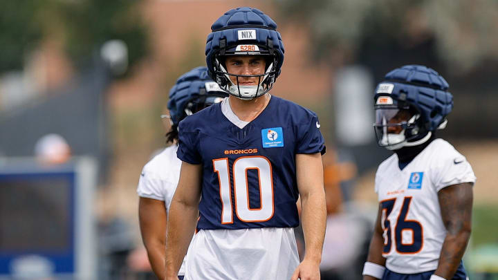 Jul 26, 2024; Englewood, CO, USA; Denver Broncos quarterback Bo Nix (10) during training camp at Broncos Park Powered by CommonSpirit. 