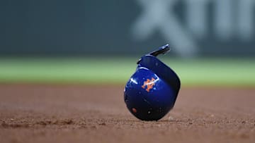Aug 14, 2019; Cumberland, GA, USA; New York Mets first baseman Pete Alonso (not shown) throws his helmet after getting out against the Atlanta Braves during the seventh inning at SunTrust Park. Mandatory Credit: Adam C. Hagy-Imagn Images