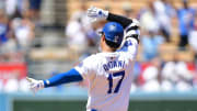 Los Angeles Dodgers designated hitter Shohei Ohtani (17) reacts after reaching second on a double against the San Francisco Giants during the fourth inning at Dodger Stadium on July 25.