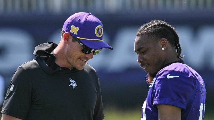 Aug 2, 2024; Eagan, MN, USA; Minnesota Vikings head coach Kevin O'Connell and wide receiver Justin Jefferson (18) talk during practice at Vikings training camp in Eagan, MN. Mandatory Credit: Jeffrey Becker-USA TODAY Sports