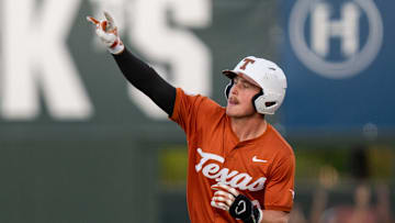 Texas catcher Kimble Schuessler (10) throws up horns as he runs the bases following a home run during the Longhorns' game against Houston Christian, April 8, 2025, at UFCU Disch-Falk Field in Austin.