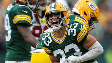 Green Bay Packers safety Evan Williams (33) celebrates after forcing a fumble against the Arizona Cardinals on Sunday, October 13, 2024, at Lambeau Field in Green Bay, Wis. The Packers won the game, 34-13
Tork Mason/USA TODAY NETWORK-Wisconsin