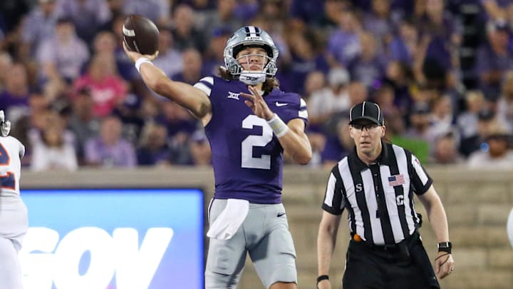 Aug 31, 2024; Manhattan, Kansas, USA; Kansas State Wildcats quarterback Avery Johnson (2) passes the ball during the third quarter against the Tennessee-Martin Skyhawks at Bill Snyder Family Football Stadium. Mandatory Credit: Scott Sewell-Imagn Images