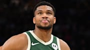 Feb 27, 2025; Milwaukee, Wisconsin, USA;  Milwaukee Bucks forward Giannis Antetokounmpo (34) looks on in the third quarter against the Denver Nuggets at Fiserv Forum. Mandatory Credit: Benny Sieu-Imagn Images