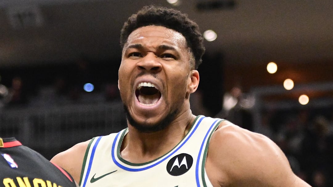 Mar 4, 2026; Milwaukee, Wisconsin, USA; Milwaukee Bucks forward Giannis Antetokounmpo (34) reacts after scoring a basket in the first quarter against the Atlanta Hawks at Fiserv Forum. Mandatory Credit: Benny Sieu-Imagn Images Mar 4, 2026; Milwaukee, Wisconsin, USA; Milwaukee Bucks forward Giannis Antetokounmpo (34) reacts after scoring a basket in the first quarter against the Atlanta Hawks at Fiserv Forum. Mandatory Credit: Benny Sieu-Imagn Images
