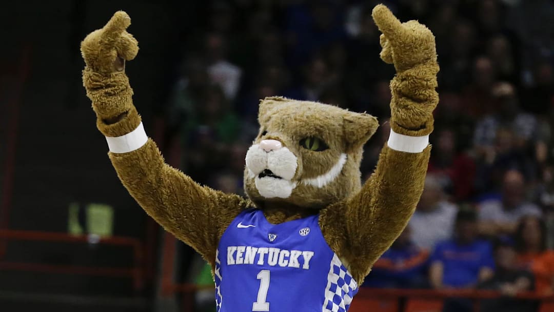 Mar 17, 2018; Boise, ID, USA; Kentucky Wildcats mascot performs during the first half against the Buffalo Bulls during the second round of the 2018 NCAA Tournament at Taco Bell Arena. Mandatory Credit: Brian Losness-Imagn Images