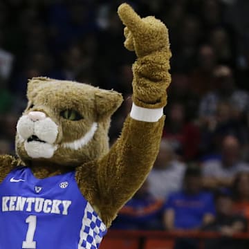 Mar 17, 2018; Boise, ID, USA; Kentucky Wildcats mascot performs during the first half against the Buffalo Bulls during the second round of the 2018 NCAA Tournament at Taco Bell Arena. Mandatory Credit: Brian Losness-Imagn Images