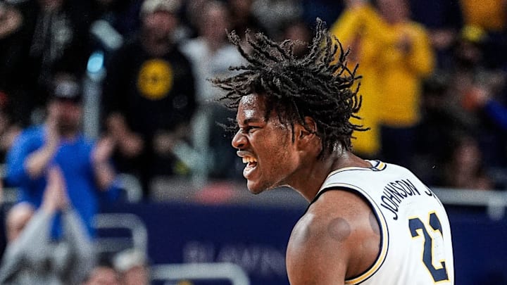 Michigan forward Morez Johnson Jr. (21) celebrates a play against USC during the first half at Crisler Center in Ann Arbor on Friday, Jan. 2, 2026.