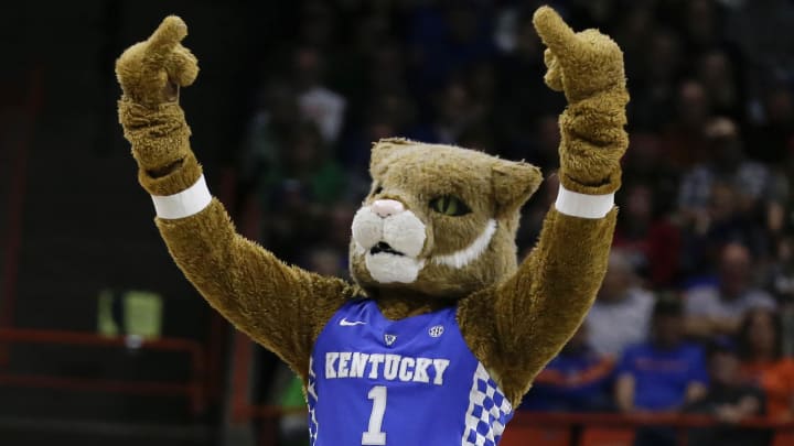 Mar 17, 2018; Boise, ID, USA; Kentucky Wildcats mascot performs during the first half against the Buffalo Bulls during the second round of the 2018 NCAA Tournament at Taco Bell Arena. Mandatory Credit: Brian Losness-USA TODAY Sports