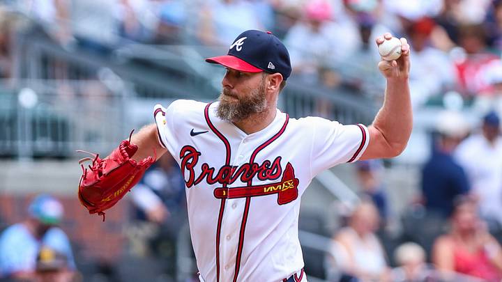 Jul 23, 2026; Cumberland, Georgia, USA; Atlanta Braves pitcher Chris Sale (51) pitches the ball against the San Diego Padres during the second inning at Truist Park. Mandatory Credit: Jordan Godfree-Imagn Images