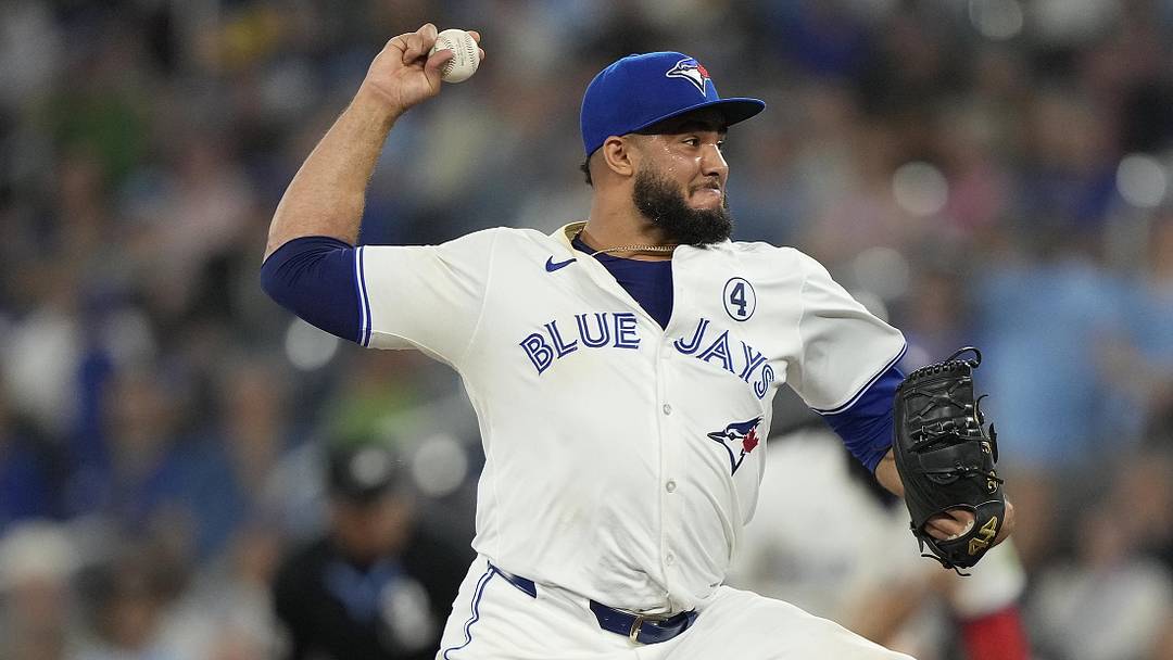 Toronto Blue Jays pitcher Yimi García pitches against the Pittsburgh Pirates during the ninth inning of a 2024 game at Rogers Centre. Toronto Blue Jays pitcher Yimi García pitches against the Pittsburgh Pirates during the ninth inning of a 2024 game at Rogers Centre.