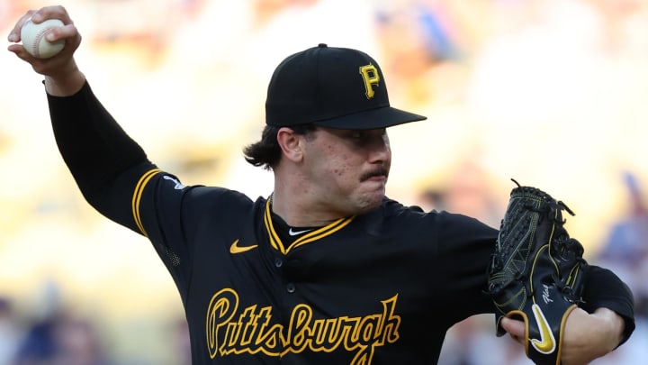Aug 10, 2024; Los Angeles, California, USA; Pittsburgh Pirates starting pitcher Paul Skenes (30) pitches during the second inning against the Los Angeles Dodgers at Dodger Stadium. Mandatory Credit: Kiyoshi Mio-USA TODAY Sports Aug 10, 2024; Los Angeles, California, USA; Pittsburgh Pirates starting pitcher Paul Skenes (30) pitches during the second inning against the Los Angeles Dodgers at Dodger Stadium. Mandatory Credit: Kiyoshi Mio-USA TODAY Sports
