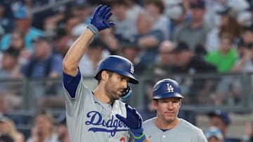 Jun 8, 2024; Bronx, New York, USA; Los Angeles Dodgers left fielder Chris Taylor (3) reacts after a single during the third inning against the New York Yankees at Yankee Stadium. 