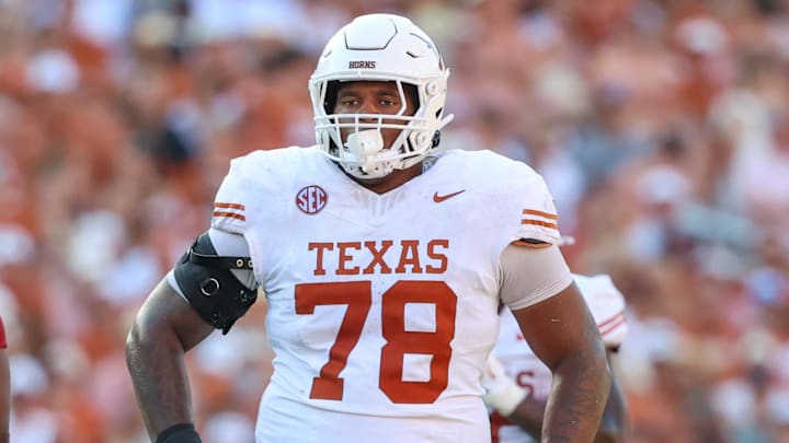 Oct 12, 2024; Dallas, Texas, USA;  Texas Longhorns offensive lineman Kelvin Banks Jr. (78) in action during the game against the Oklahoma Sooners at the Cotton Bowl. Mandatory Credit: Kevin Jairaj-Imagn Images