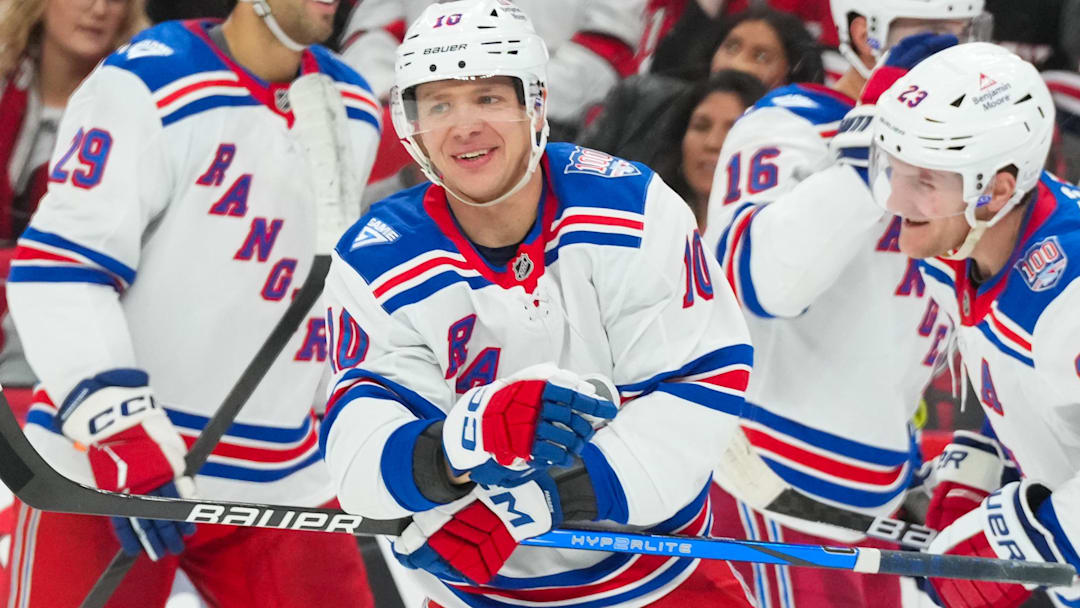 Nov 26, 2025; Raleigh, North Carolina, USA; New York Rangers left wing Artemi Panarin (10) smiles after scoring a goal against the Carolina Hurricanes during the second period at Lenovo Center. Mandatory Credit: James Guillory-Imagn Images Nov 26, 2025; Raleigh, North Carolina, USA; New York Rangers left wing Artemi Panarin (10) smiles after scoring a goal against the Carolina Hurricanes during the second period at Lenovo Center. Mandatory Credit: James Guillory-Imagn Images